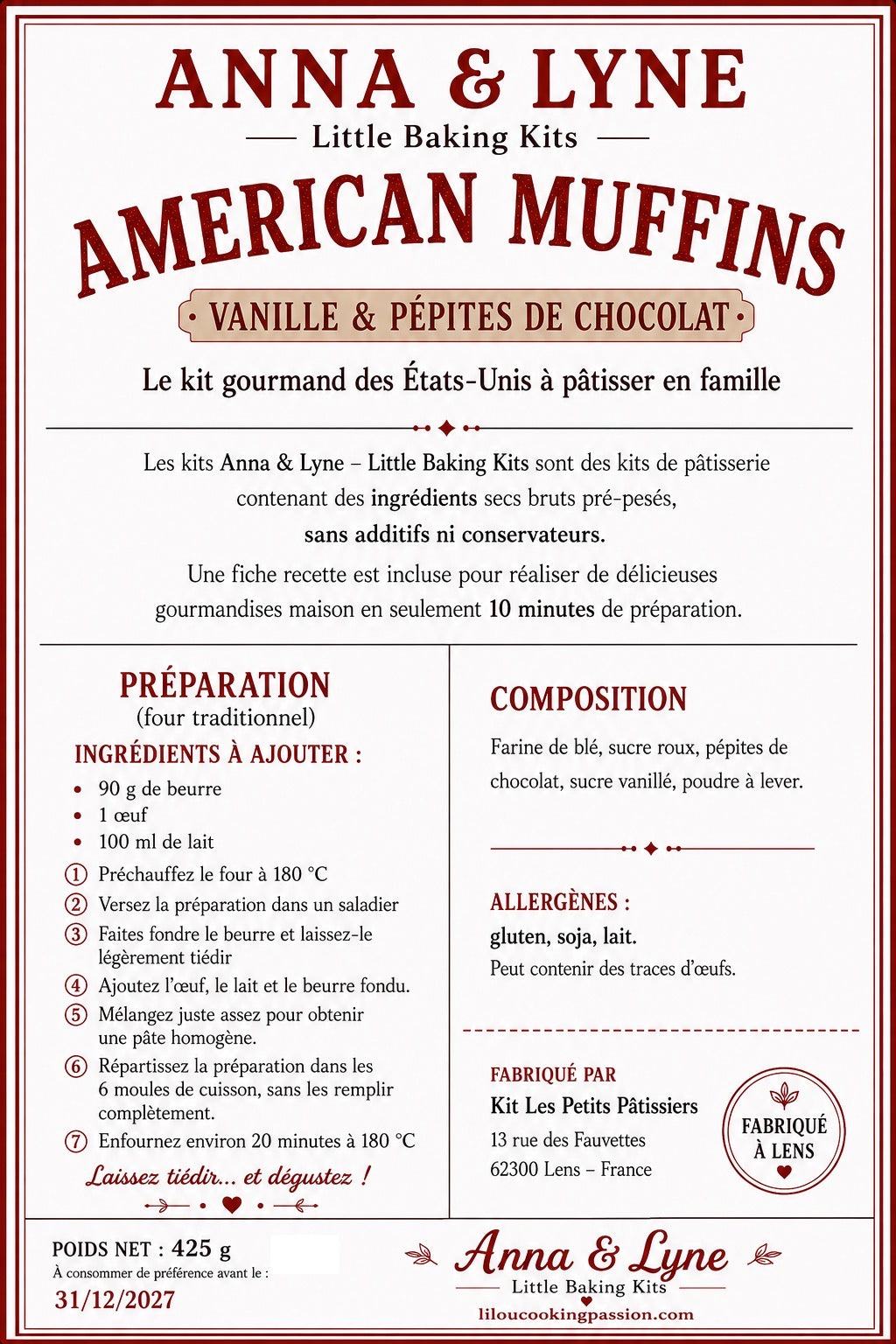 🗽 American Muffins – Vanille & pépites de chocolat l ( 6 moules de  cuisson inclus) | Anna & Lyne